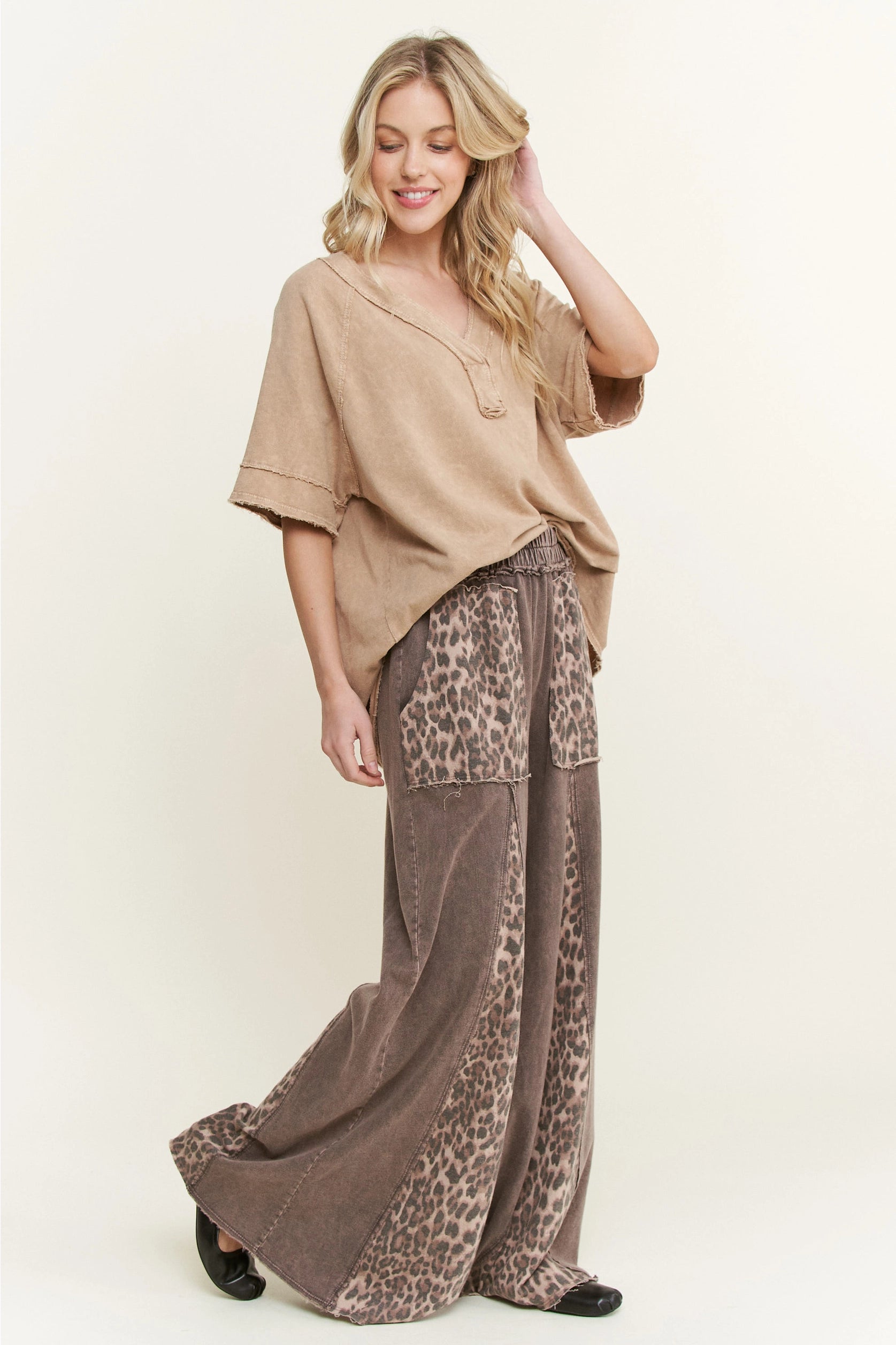 Mineral Washed Leopard Animal Print Flare Pants